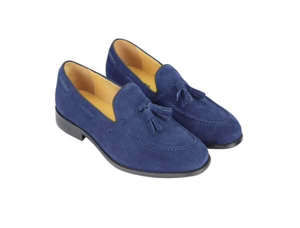 Wolven Handmad Men's Pop Navy Suede Leather Tassel Loafers with Black Rubber Sole - Image 3