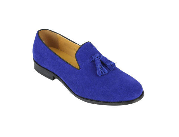 Wolven Handmad Men's His Blue Suede Leather Tassel Loafers with Black Rubber Sole