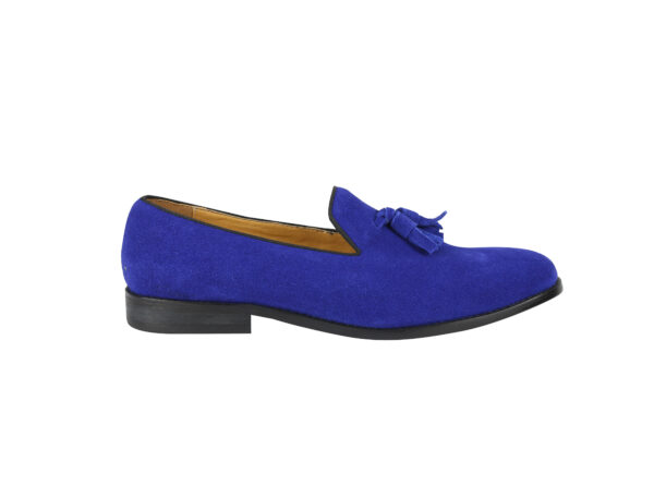 Wolven Handmad Men's His Blue Suede Leather Tassel Loafers with Black Rubber Sole - Image 2