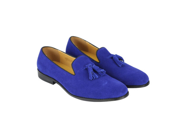 Wolven Handmad Men's His Blue Suede Leather Tassel Loafers with Black Rubber Sole - Image 3