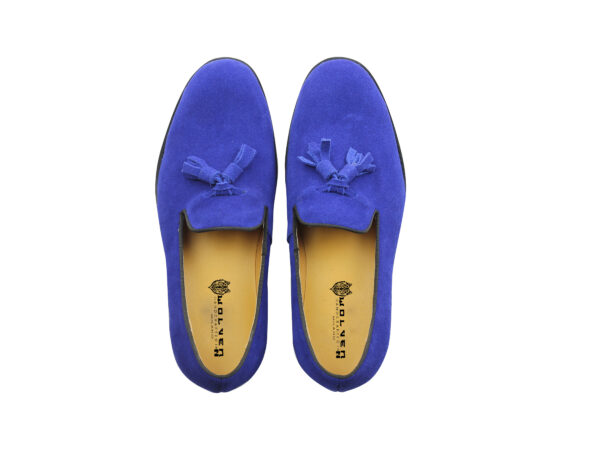 Wolven Handmad Men's His Blue Suede Leather Tassel Loafers with Black Rubber Sole - Image 5
