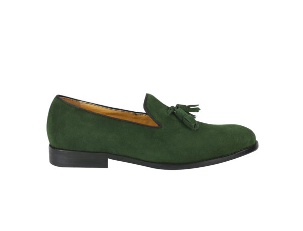 Wolven Handmad Men's Soden Green Suede Leather Tassel Loafers with Black Rubber Sole - Image 2