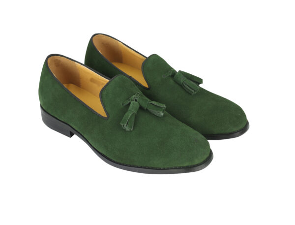 Wolven Handmad Men's Soden Green Suede Leather Tassel Loafers with Black Rubber Sole - Image 3