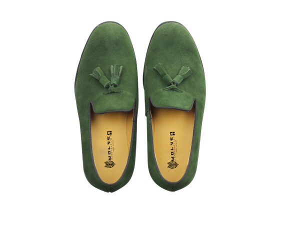 Wolven Handmad Men's Soden Green Suede Leather Tassel Loafers with Black Rubber Sole - Image 5