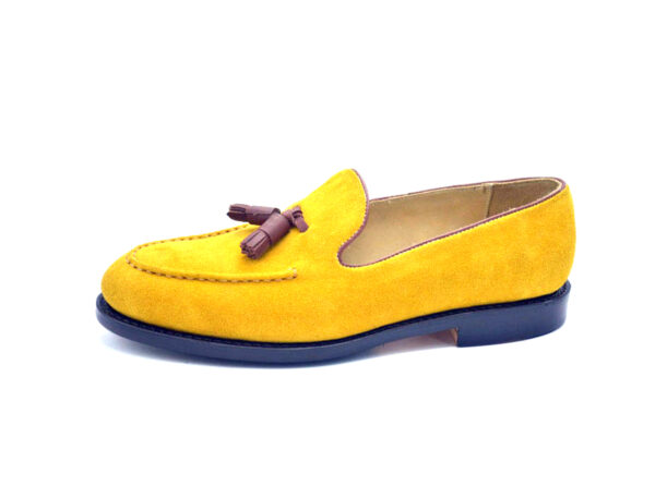 Wolven Handmad Men's Bwons Yellow Suede Leather Tassel Loafers with Black Rubber Sole - Image 2