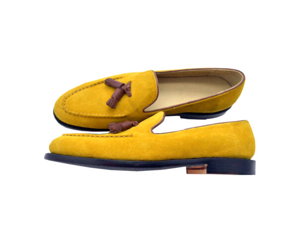 Wolven Handmad Men's Bwons Yellow Suede Leather Tassel Loafers with Black Rubber Sole - Image 3