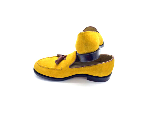Wolven Handmad Men's Bwons Yellow Suede Leather Tassel Loafers with Black Rubber Sole - Image 4