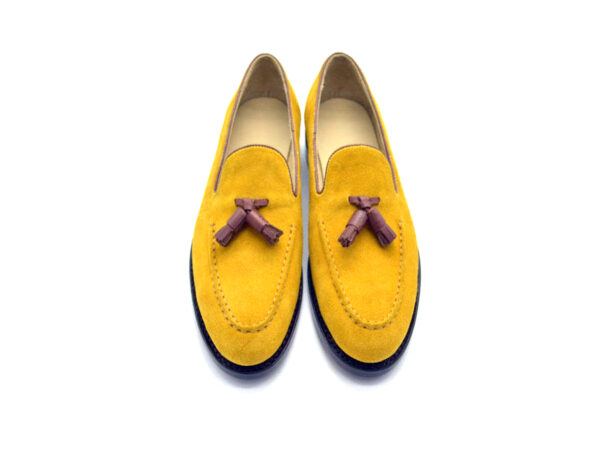 Wolven Handmad Men's Bwons Yellow Suede Leather Tassel Loafers with Black Rubber Sole - Image 5