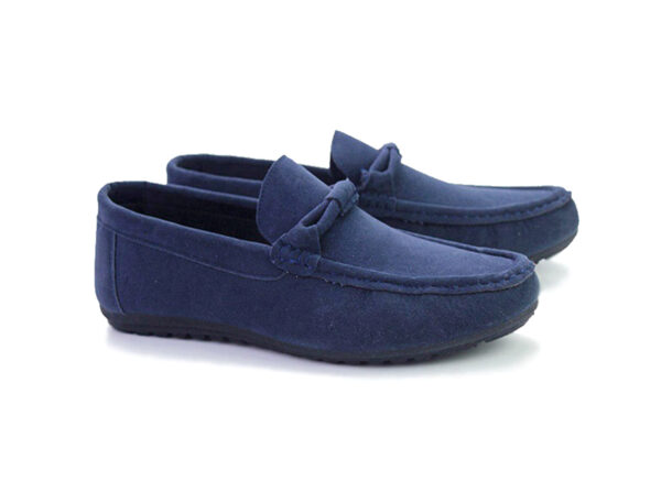 Wolven Handmad Men's Just Navy Suede Bow Leather Loafers with Black TPR Sole - Image 4