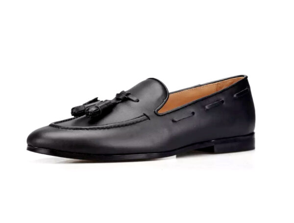 Wolven Handmad Men's Ocean Black DD Leather Tassel Loafers with Black Rubber Sole