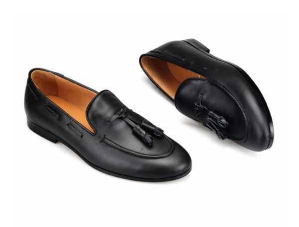 Wolven Handmad Men's Ocean Black DD Leather Tassel Loafers with Black Rubber Sole - Image 3