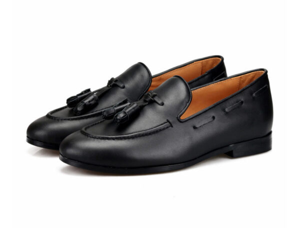 Wolven Handmad Men's Ocean Black DD Leather Tassel Loafers with Black Rubber Sole - Image 4