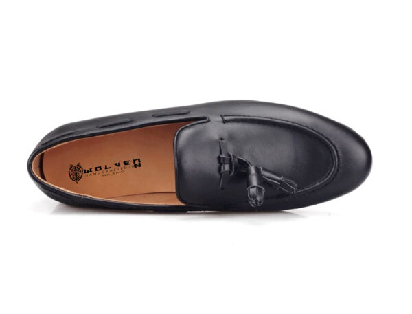 Wolven Handmad Men's Ocean Black DD Leather Tassel Loafers with Black Rubber Sole - Image 5