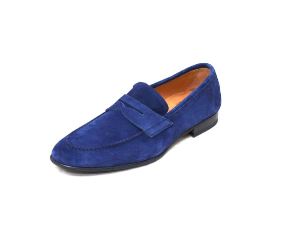 Wolven Handmad Men's Maks Blue Suede Leather Bow Slip-on with Black Rubber Sole