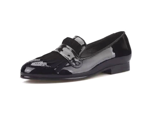 Wolven Handmade Men's Pack Black Patent Leather Frings Slip-on with Black Rubber Sole
