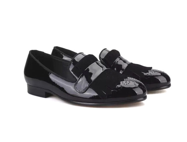 Wolven Handmade Men's Pack Black Patent Leather Frings Slip-on with Black Rubber Sole - Image 2