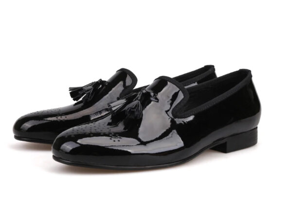 Wolven Handmad Men's Gies Black Patent Leather Tassel Slip-on with Black Rubber Sole