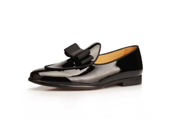 Wolven Handmad Men's Newst Black Patent Leather Bow Slip-on with Black Rubber Sole