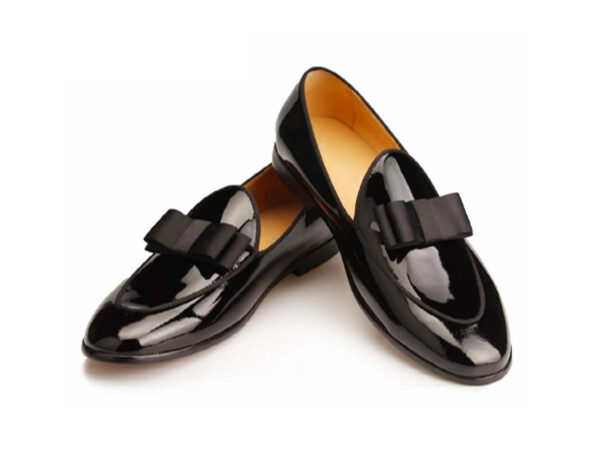 Wolven Handmad Men's Newst Black Patent Leather Bow Slip-on with Black Rubber Sole - Image 2