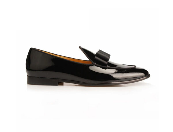 Wolven Handmad Men's Newst Black Patent Leather Bow Slip-on with Black Rubber Sole - Image 3