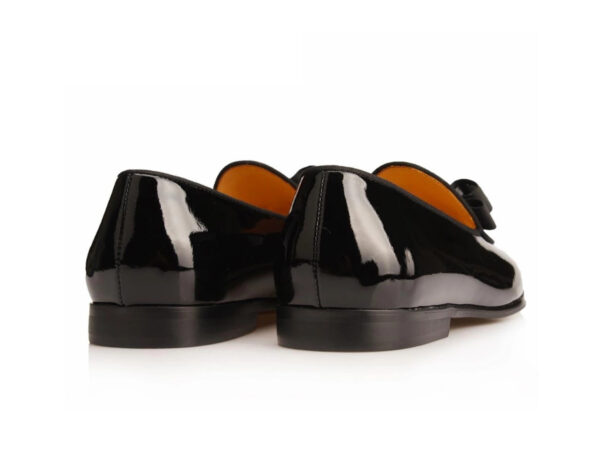 Wolven Handmad Men's Newst Black Patent Leather Bow Slip-on with Black Rubber Sole - Image 4