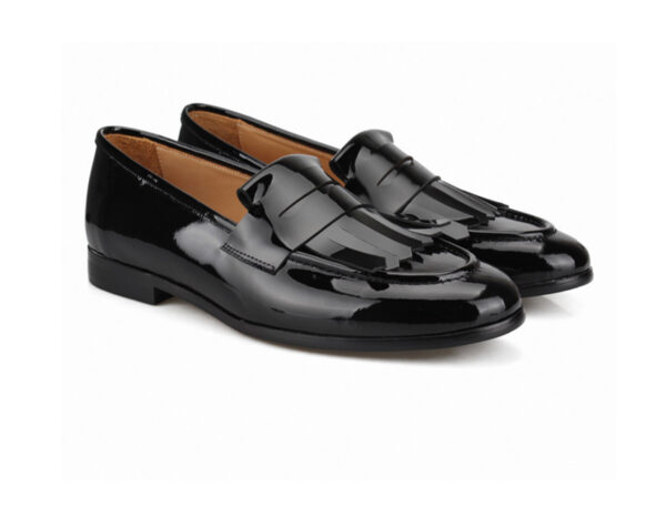Wolven Handmade Men's Feel Black Patent Leather Bow Slip-on with Black Rubber Sole (Copy) - Image 2