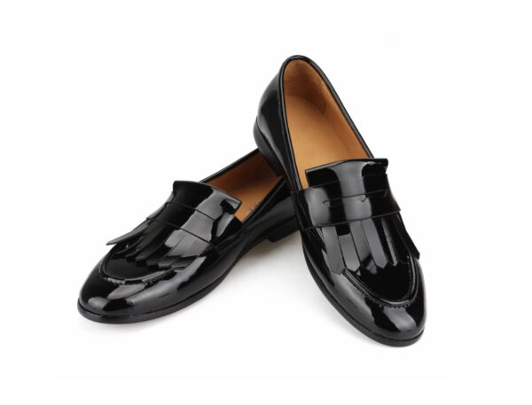 Wolven Handmade Men's Feel Black Patent Leather Bow Slip-on with Black Rubber Sole (Copy) - Image 3