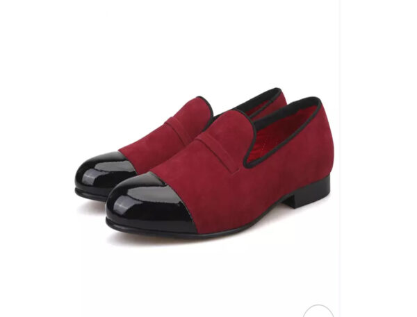 Wolven Handmade Men's Radey Red & Black Suede Leather Tie Slip-on with Black Rubber Sole - Image 2