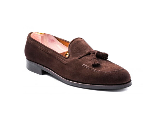 Wolven Handmade Men's Polo Brown Suede Leather Tassel Loafers with Black Rubber Sole