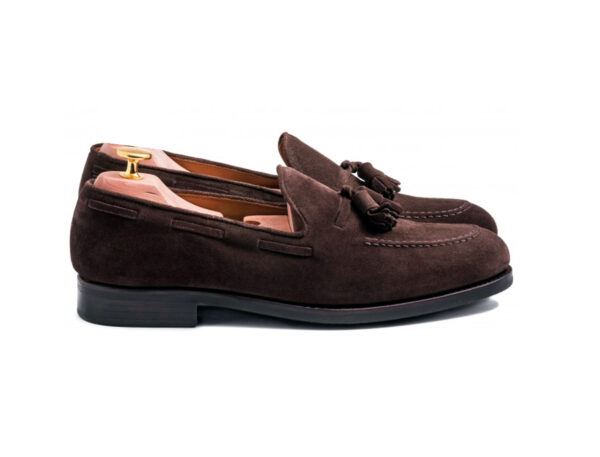 Wolven Handmade Men's Polo Brown Suede Leather Tassel Loafers with Black Rubber Sole - Image 3
