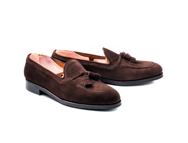 Wolven Handmade Men's Polo Brown Suede Leather Tassel Loafers with Black Rubber Sole - Image 4