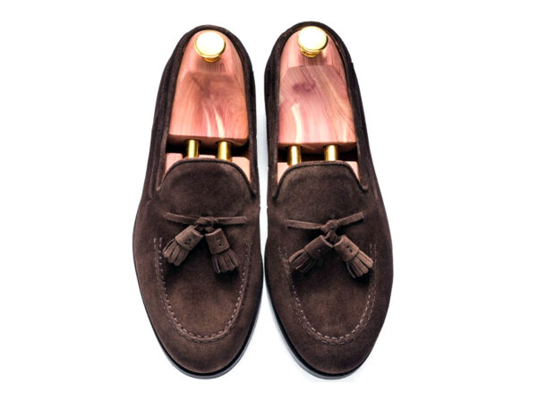 Wolven Handmade Men's Polo Brown Suede Leather Tassel Loafers with Black Rubber Sole - Image 5