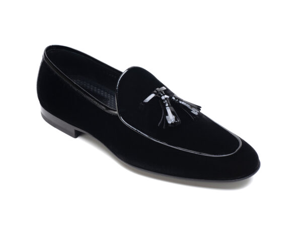 Wolven Handmad Men's Polo Black Suede Leather Tassel Loafers with Black Rubber Sole