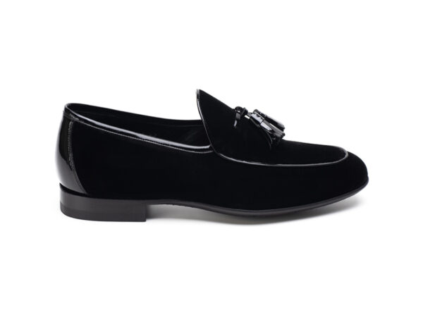 Wolven Handmad Men's Polo Black Suede Leather Tassel Loafers with Black Rubber Sole - Image 2