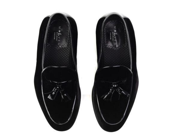 Wolven Handmad Men's Polo Black Suede Leather Tassel Loafers with Black Rubber Sole - Image 3
