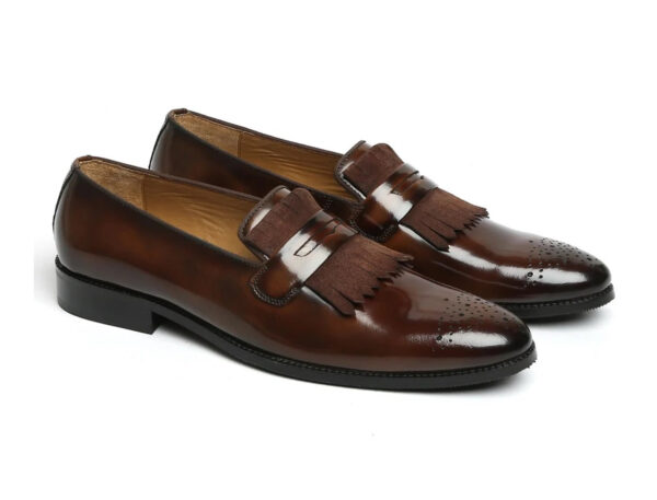 Wolven Handcrafted Men's Nolan Tan Brushoff Leather Loafers with Rubber Sole - Image 2