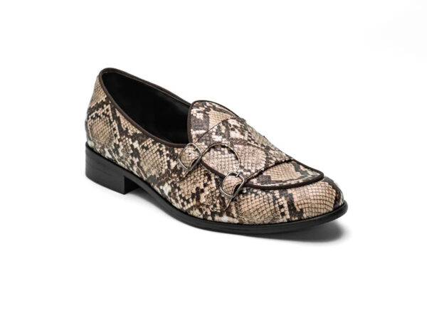 Wolven Handcrafted Men's Ostia Snake Print Leather Monk Slip-on with Rubber Sole