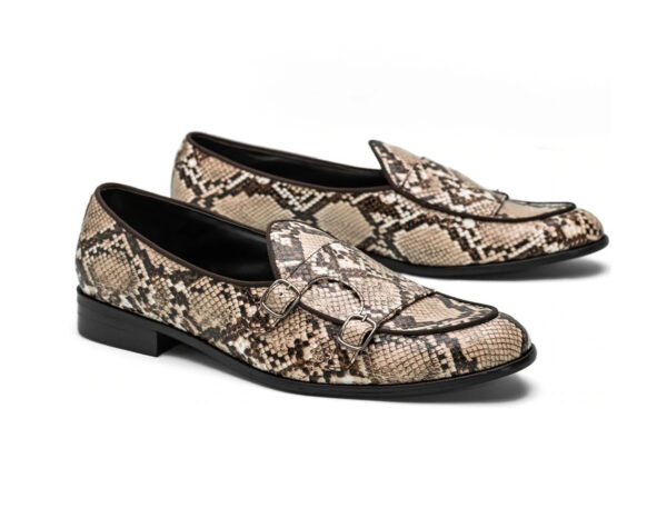 Wolven Handcrafted Men's Ostia Snake Print Leather Monk Slip-on with Rubber Sole - Image 2