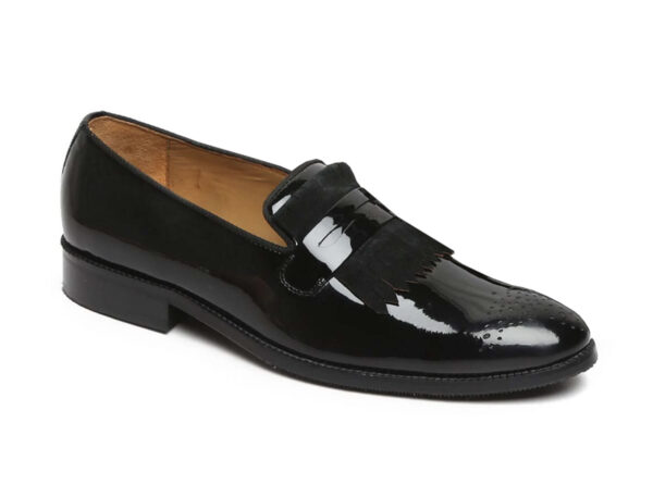 Wolven Handcrafted Men's Tropea Black Patent frings Loafers Slip-on with Rubber Sole