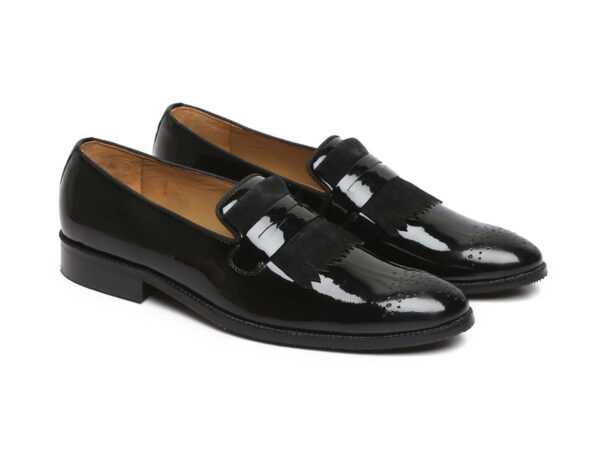Wolven Handcrafted Men's Tropea Black Patent frings Loafers Slip-on with Rubber Sole - Image 2