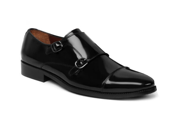 BLACK PATENT LEATHER ROUNDED CAP TOE DOUBLE MONK STRAP FORMAL SHOES BY WOLVENMILANO