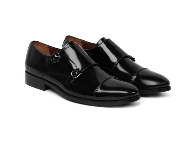 BLACK PATENT LEATHER ROUNDED CAP TOE DOUBLE MONK STRAP FORMAL SHOES BY WOLVENMILANO - Image 2