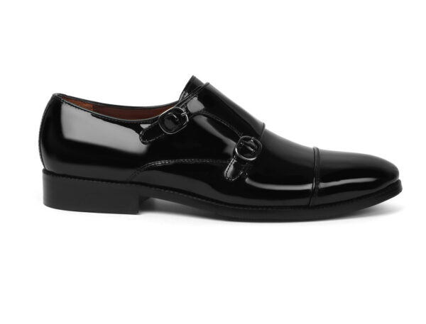BLACK PATENT LEATHER ROUNDED CAP TOE DOUBLE MONK STRAP FORMAL SHOES BY WOLVENMILANO - Image 3