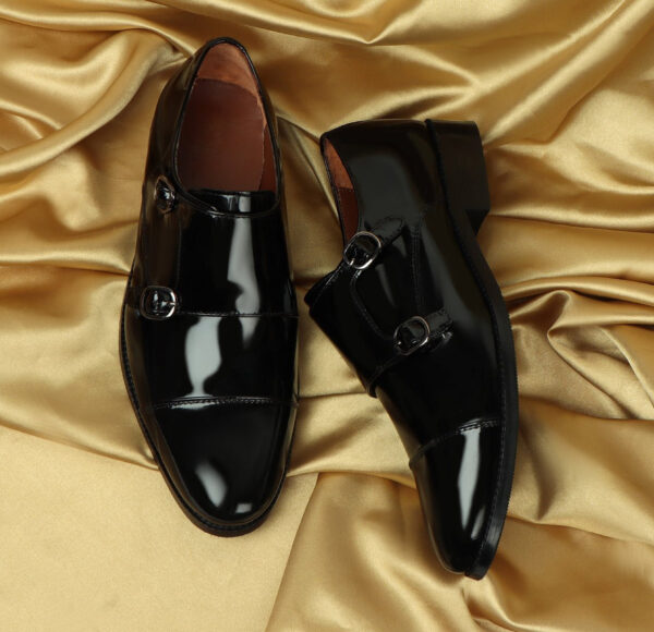 BLACK PATENT LEATHER ROUNDED CAP TOE DOUBLE MONK STRAP FORMAL SHOES BY WOLVENMILANO - Image 5