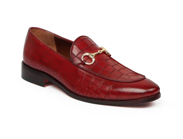 WINE DEEP CUT CROCO LEATHER HORSEBIT APRON TOE LOAFERS FOR MEN BY WOLVENMILANO