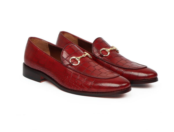 WINE DEEP CUT CROCO LEATHER HORSEBIT APRON TOE LOAFERS FOR MEN BY WOLVENMILANO - Image 2