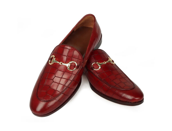 WINE DEEP CUT CROCO LEATHER HORSEBIT APRON TOE LOAFERS FOR MEN BY WOLVENMILANO - Image 3
