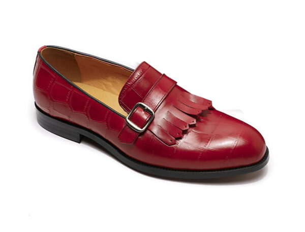 Wolven Handcrafted Men's Red Croco Leather Frings Buckle Loafers with Rubber Sole