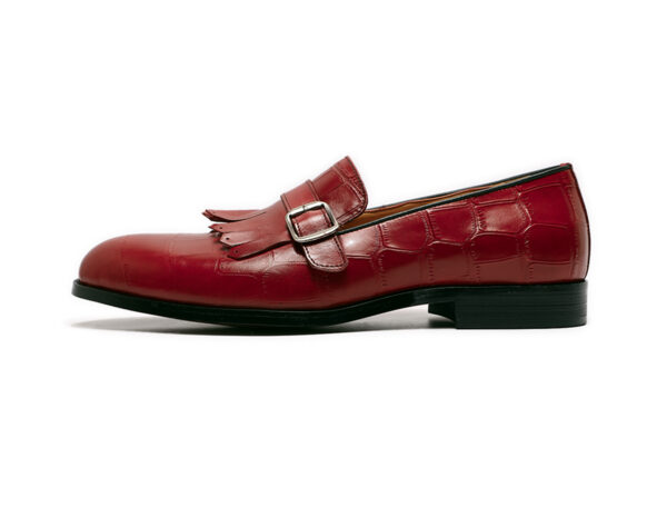 Wolven Handcrafted Men's Red Croco Leather Frings Buckle Loafers with Rubber Sole - Image 2