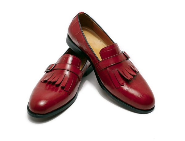 Wolven Handcrafted Men's Red Croco Leather Frings Buckle Loafers with Rubber Sole - Image 4